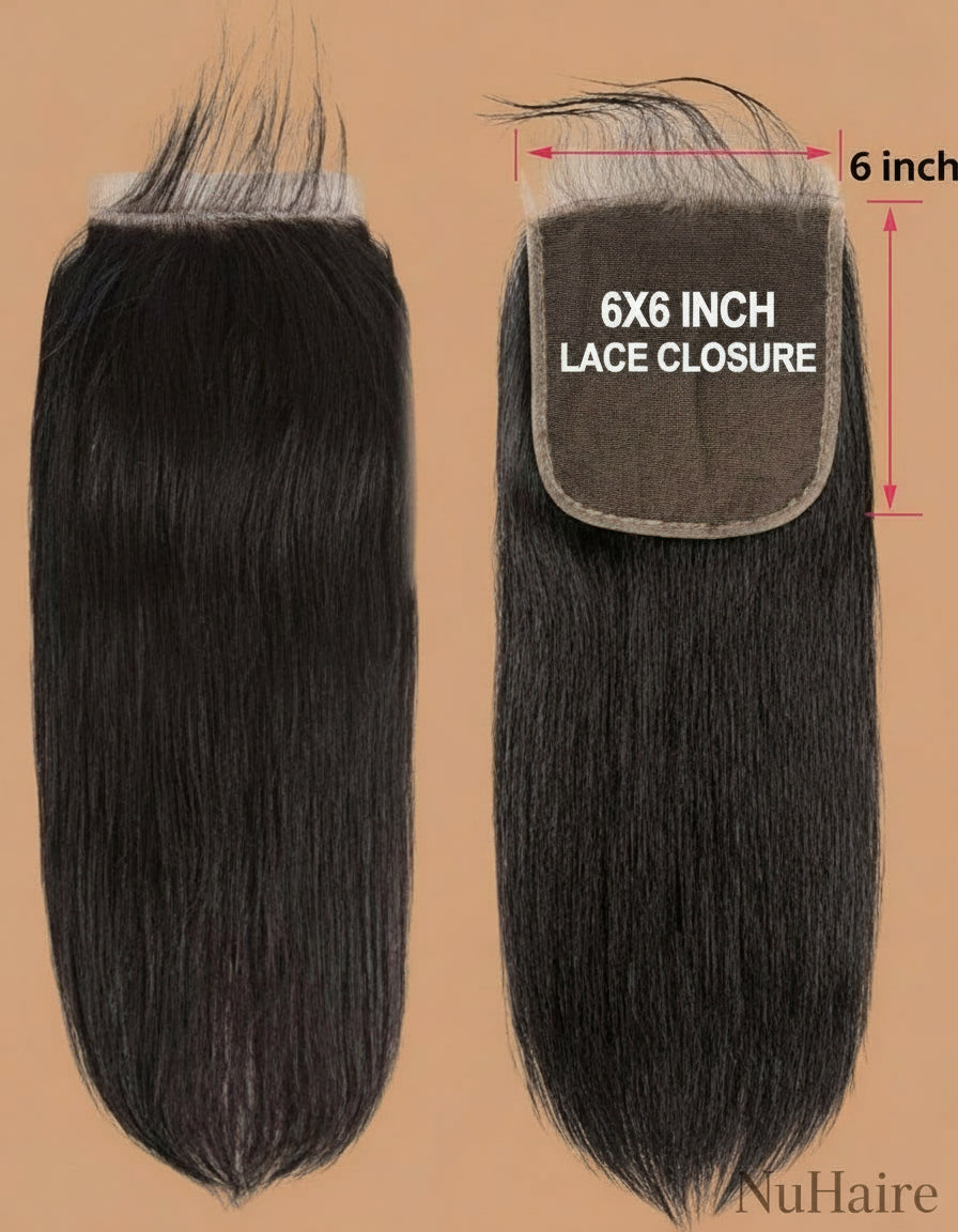 Product Display 4- NuHaire's Brazilian / Indian Virgin Human Hair Straight HD Lace Closure features a natural black color and premium human hair. Available in Brazilian and Indian textures with various lace sizes, it offers full volume and a silky straight texture.