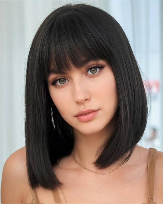 Yaki Straight Human Hair Bob With Bangs - 100% Virgin Human Hair