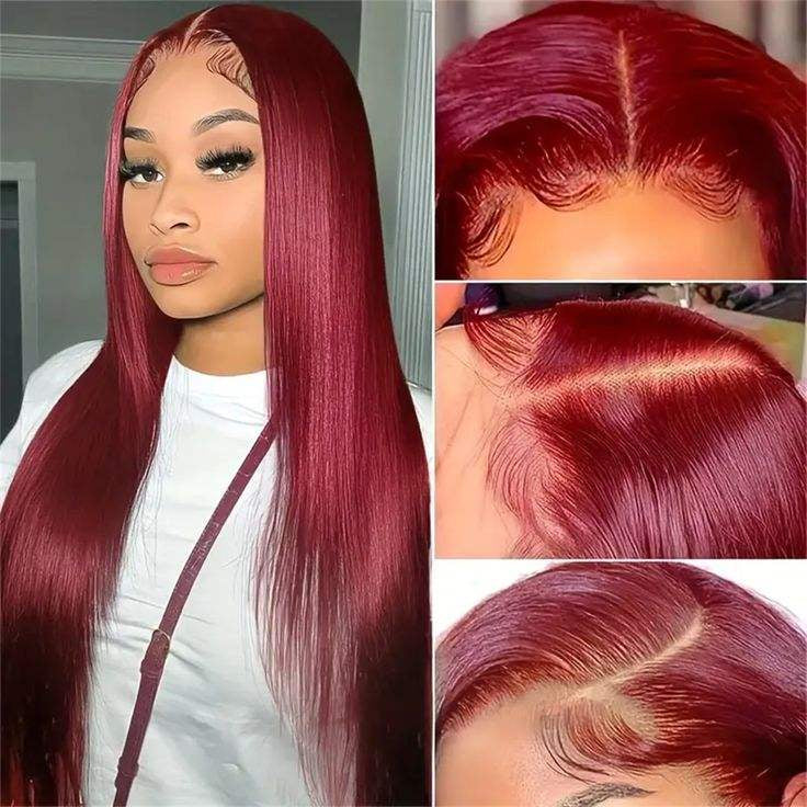 Straight burgundy wig with close-up 13x4 transparent lace showing natural hairline and scalp appearance"