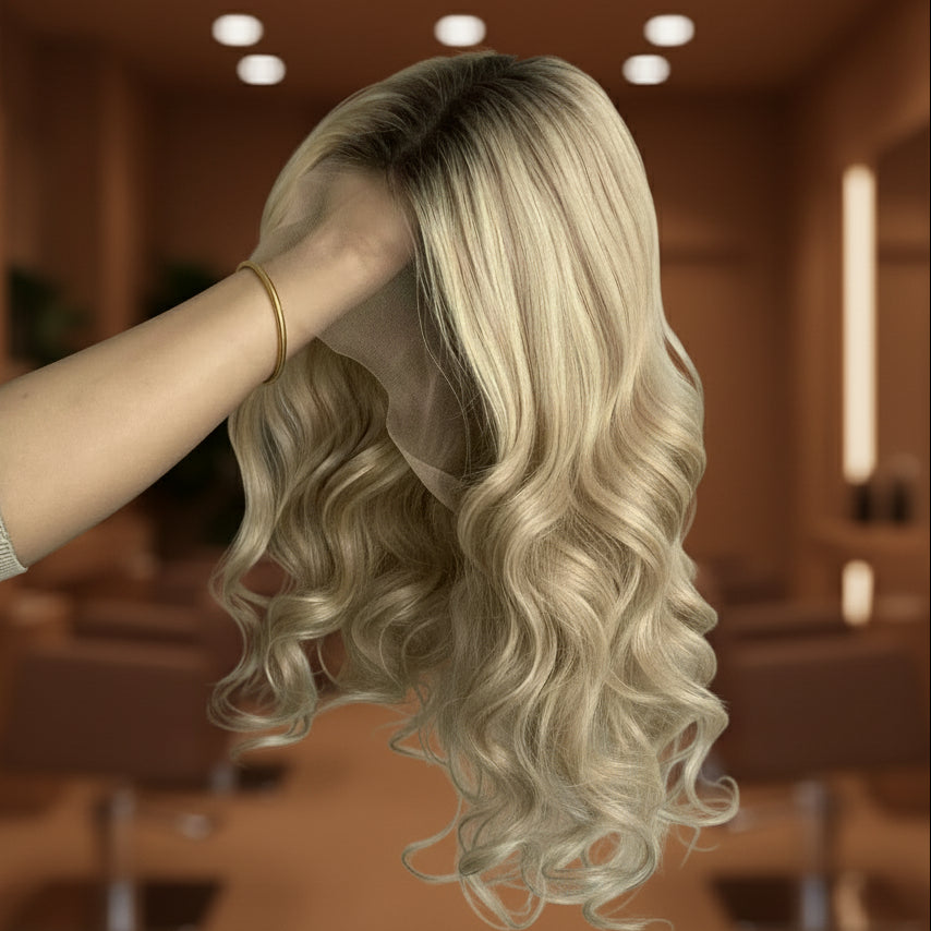 Close-up of sunny blonde balayage wig showcasing ultra-realistic scalp appearance and premium hair quality