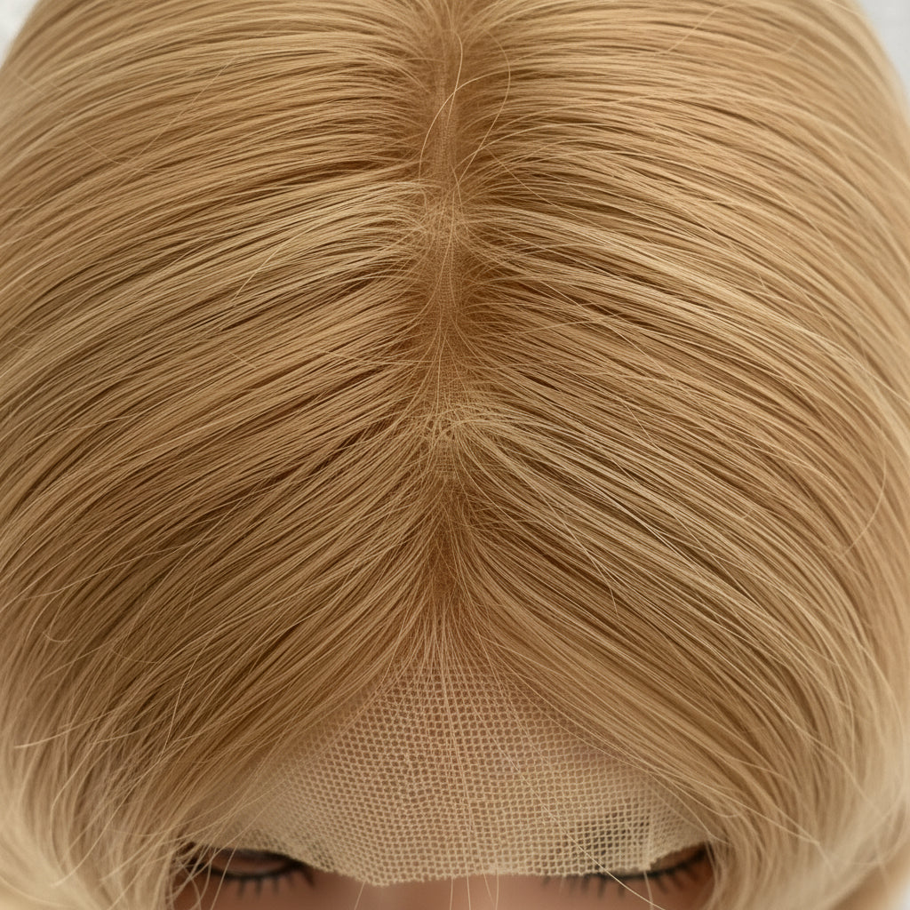 Close-up view of 8/24 duo tone ash brown wig showing ultra-realistic scalp appearance and monofilament lace detail