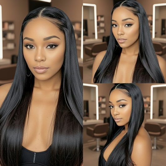 Three views of a model wearing the NuHaire 6x6 Straight Wig, which features a natural black color, premium human hair quality, and a 6x6 lace closure for a natural-looking hairline.