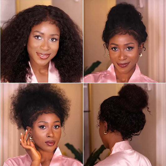 Kinky Curly 4C Hairline 360 HD Lace Wig styling versatility collage showing 4 different pose options and texture display