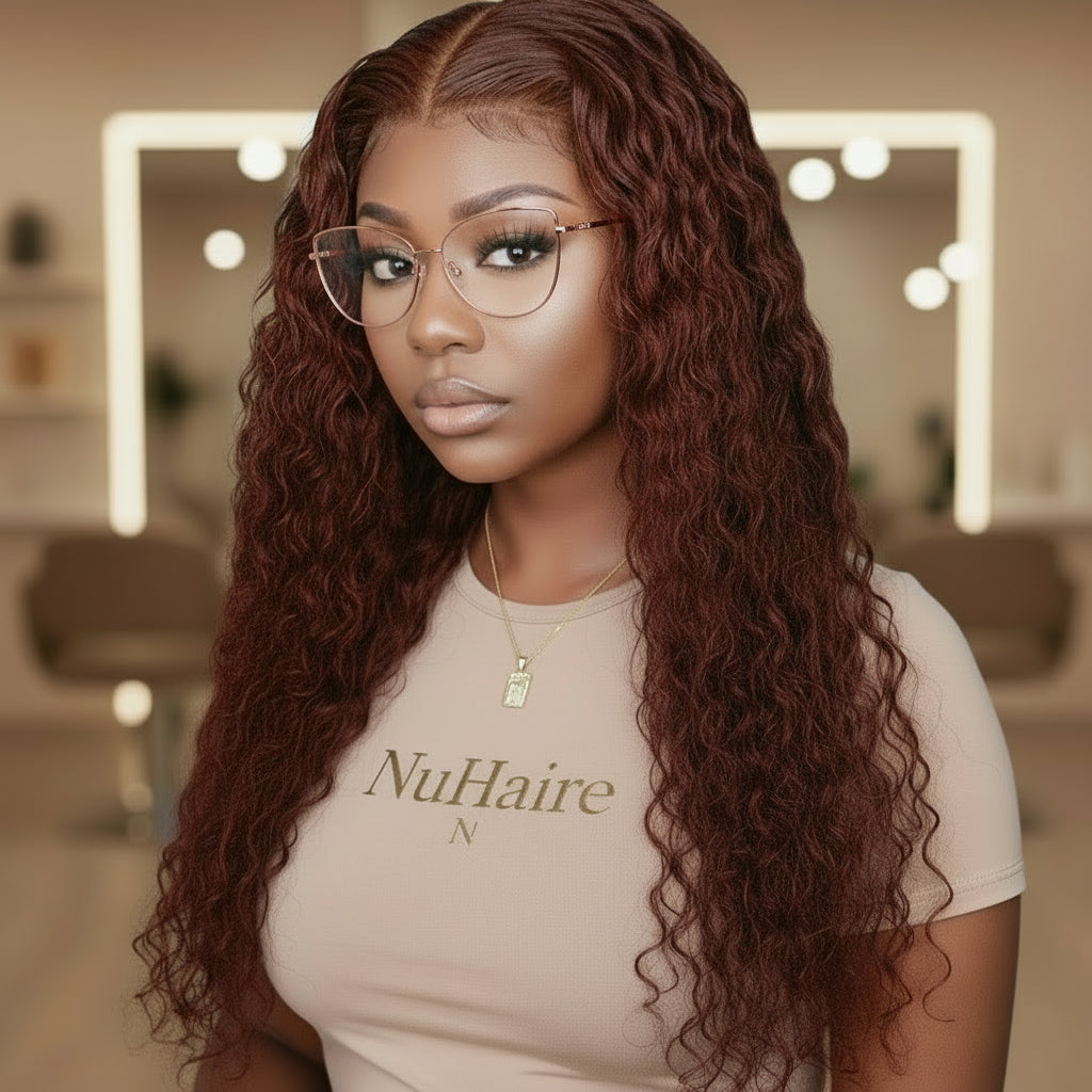 #33 Deep Auburn Water Wave Invisi-DrawString Full 360 Glueless HD Lace Wig showcasing natural texture and seamless lace blend