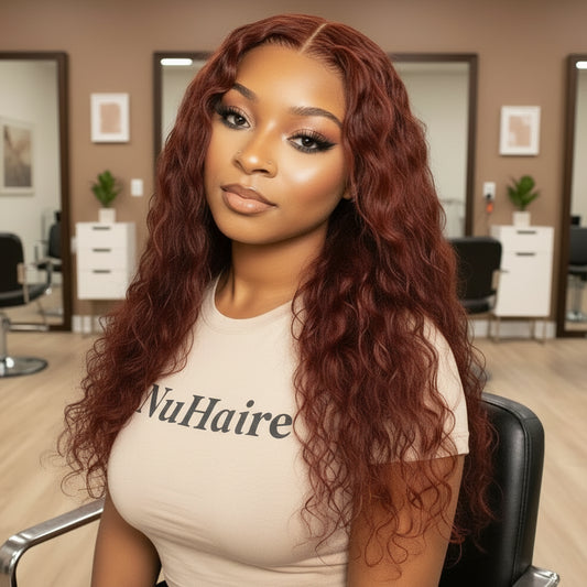 #33 Deep Auburn Water Wave Invisi-String 360 Full Glueless HD Lace Wig alternative angle view demonstrating secure Invisi-String technology