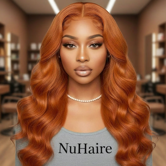 Model is wearing the NuHaire #350 Ginger Orange Body Wave Lace Front Human Hair Wig which showcases flowing body waves, a flawless ginger orange color, premium human hair quality, a transparent lace front, and a natural hairline.