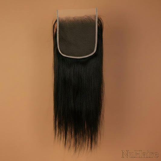 Product Display - NuHaire's Brazilian / Indian Virgin Human Hair Straight HD Lace Closure features a natural black color and premium human hair. Available in Brazilian and Indian textures with various lace sizes, it offers full volume and a silky straight texture.