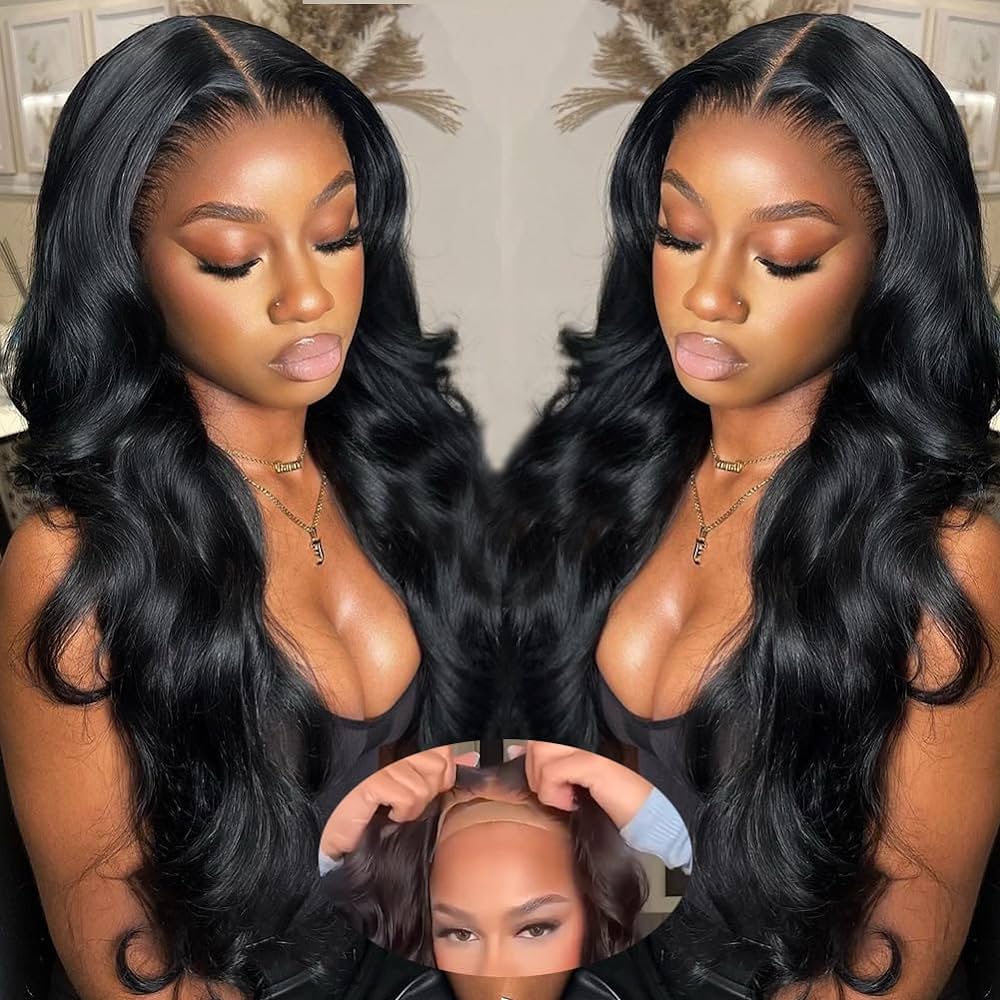 A side-by-side image of a woman wearing a beginner-friendly NuHaire body wave wig with 200% density, providing full volume from root to tip, along with a close-up image of 6x4 HD glueless lace closure.