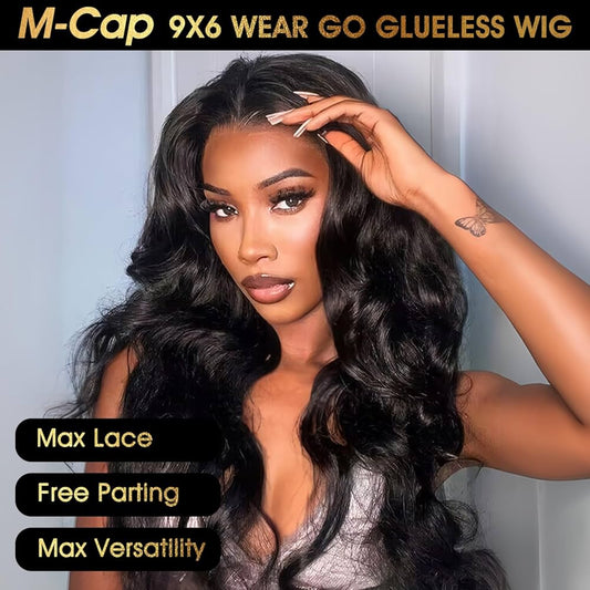 Close-up view of body wave wig showing M-Cap 9x6 HD lace closure and natural hairline