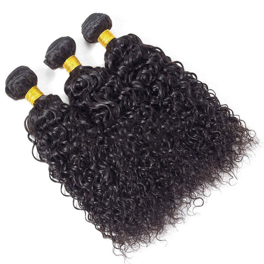NuHaire Product Display of Double Drawn Curly | 3 Piece Human Hair Bundles. The bundles feature a natural black color, premium human hair quality, full volume from root to tip, and bouncy curls.