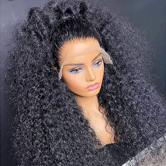 A mannequin head displaying NuHaire's kinky curly 13x6 lace front wig with a pre-plucked, pre-bleached hairline. The wig features a natural black color, full 250% density, styling versatility, and skin-melt HD lace.