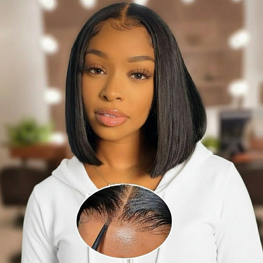 Model wearing the NuHaire Straight Ready-to-Wear Glueless HD Lace Bob Wig, which features a natural black color, premium human hair quality, and an HD Lace Closure for a natural-looking hairline.