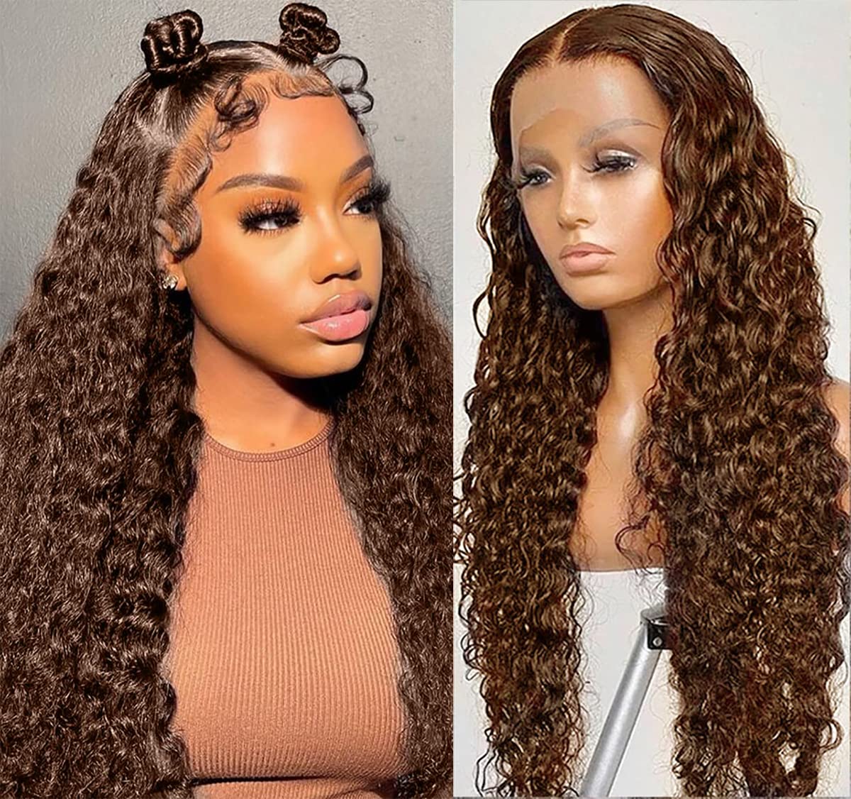 Chocolate Brown Deep Wave Full 360 Lace Invisi-String Glueless Wig in half up half down style with product display on mannequin head