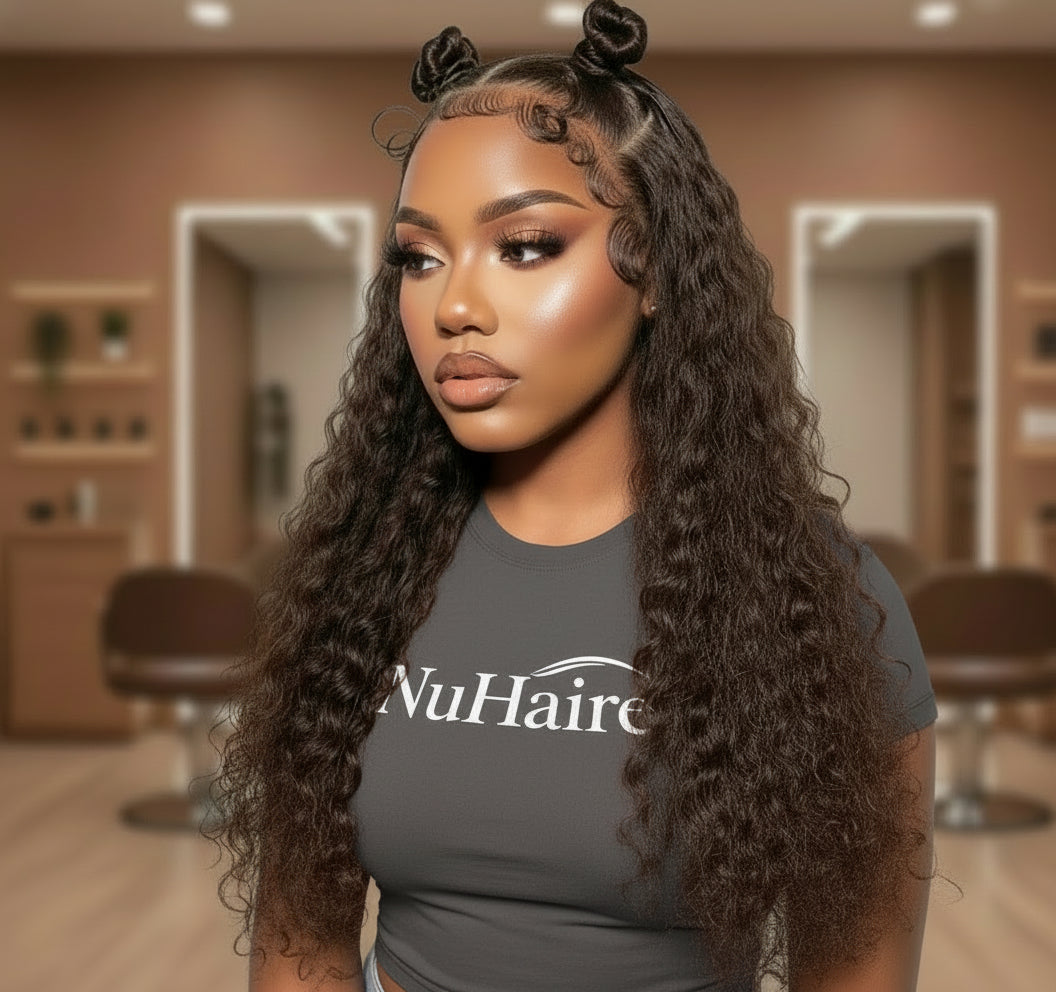 Chocolate Brown Deep Wave Full 360 Lace Invisi-String Glueless Wig in half up half down style with product display on mannequin head