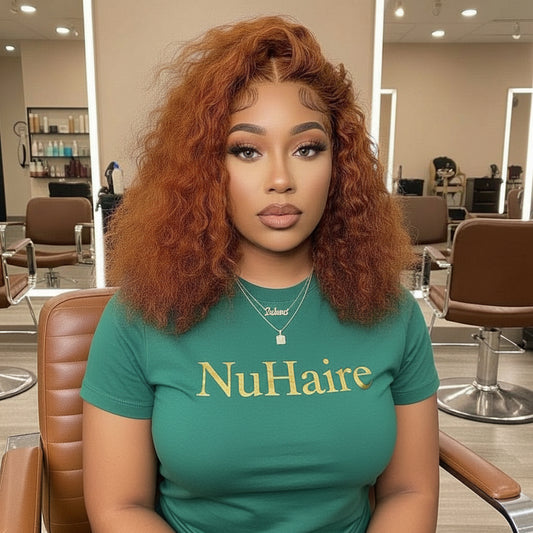 Model is wearing the NuHaireCurly Ginger (350) Transparent Lace Front Human Hair Wig, which showcases bouncy curls, a flawless ginger orange color, premium human hair quality, a 13x4 transparent lace front, and a natural hairline.