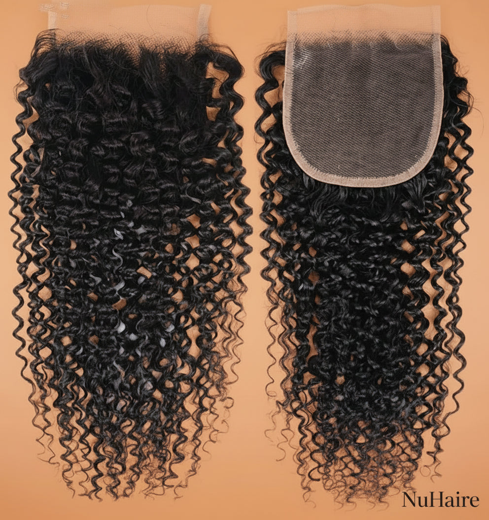 Product Display 2 - NuHaire's Brazilian / Indian Kinky Curly Human Hair HD Lace Closure features a natural black color and premium human hair. Available in Brazilian and Indian textures with various lace sizes, it offers full volume and a natural kinky curly texture.