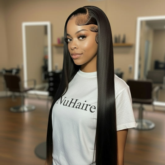 Model 2 highlights NuHaire's Straight 1-piece Human Hair Bundle, which features a natural black color and premium human hair quality. This bundle is available in both Brazilian and Indian hair textures, offering full volume from root to tip with a silky straight texture