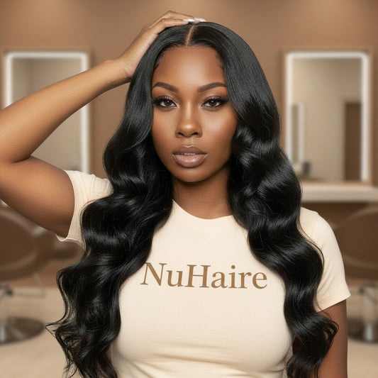 Model 2- NuHaire's Brazilian / Indian HD Lace Body Wave 1 pc Human Hair Closure features a natural black color and premium human hair. Available in Brazilian and Indian textures with various lace sizes, it offers full volume and a body wave texture.