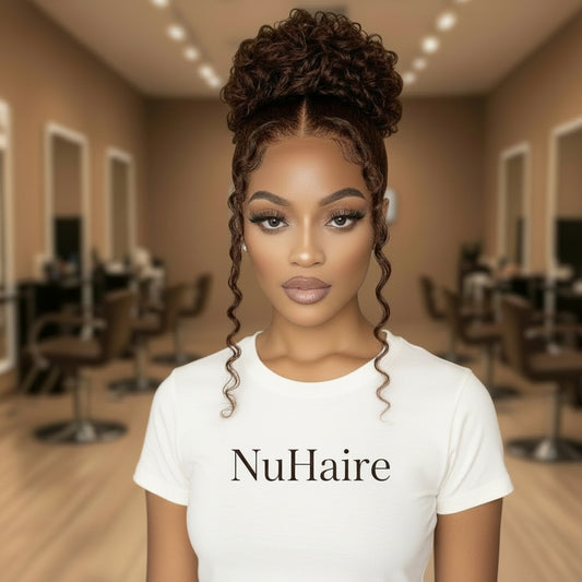 #4 Chocolate Brown Deep Wave Invisi-String Wig on model with detailed view of seamless Glueless HD lace hairline construction