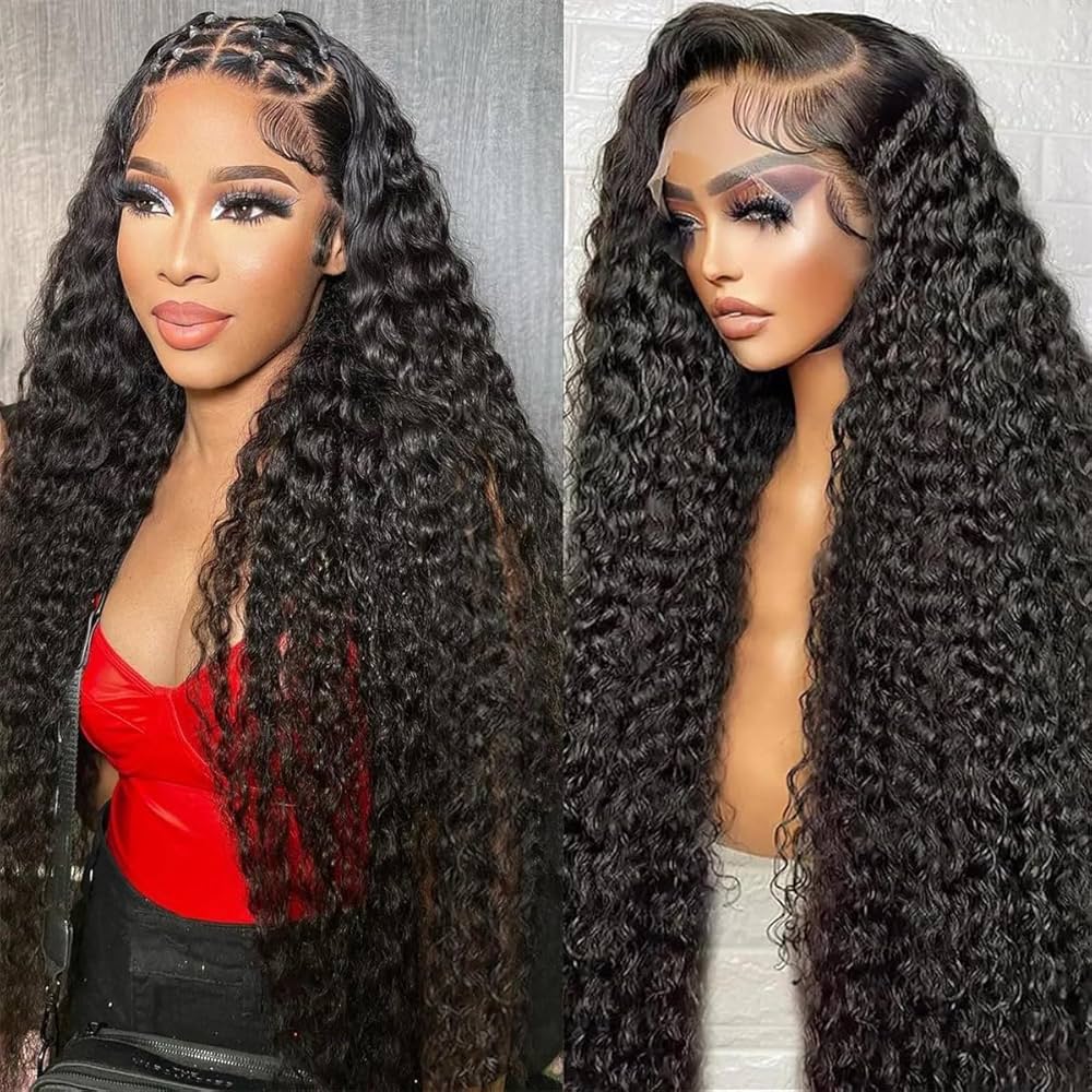 Two-part image of 13x6 Transparent lace front human hair loose wave wig displayed on a mannequin head and freshly installed on a model showing a premium natural hairline, braid styling versatility, and a realistic scalp