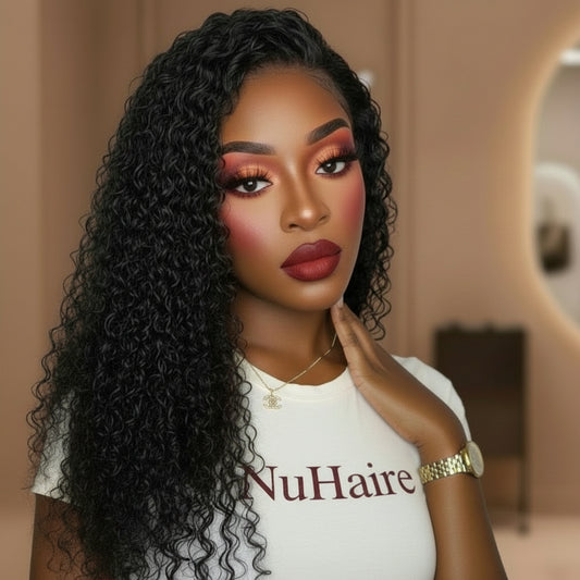 Model Display - NuHaire's Brazilian / Indian Deep Curly Free Part Ultra Thin HD Lace Closure features a natural black color and premium human hair. Available in Brazilian and Indian textures with various lace sizes, it offers full volume and a bouncy, curly texture.