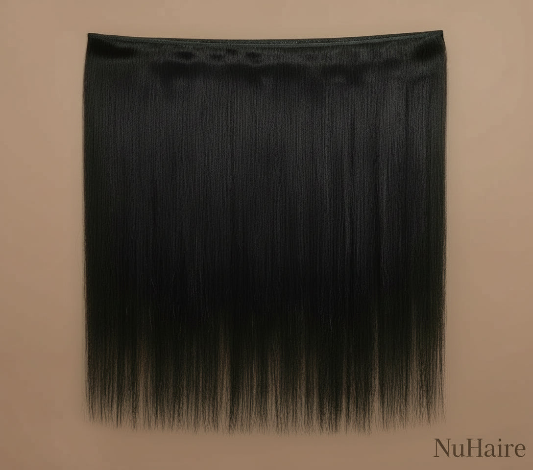 Product Display 2 highlights NuHaire's Straight 1-piece Human Hair Bundle, which features a natural black color and premium human hair quality. This bundle is available in both Brazilian and Indian hair textures, offering full volume from root to tip with a silky straight texture