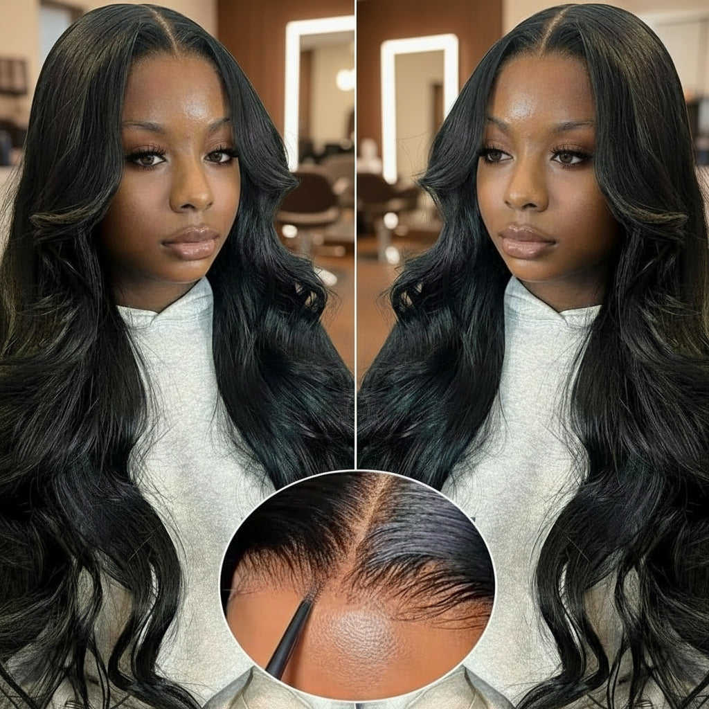 Body wave glueless wig comparison displaying 7x5 HD lace front construction