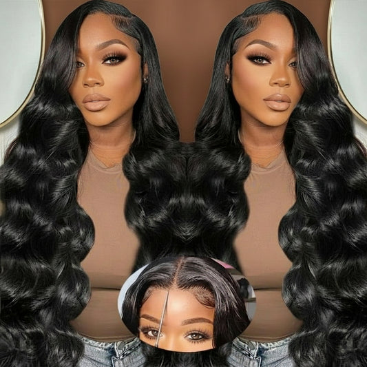 Body wave wig side by side comparison with HD lace detail showing natural hairline