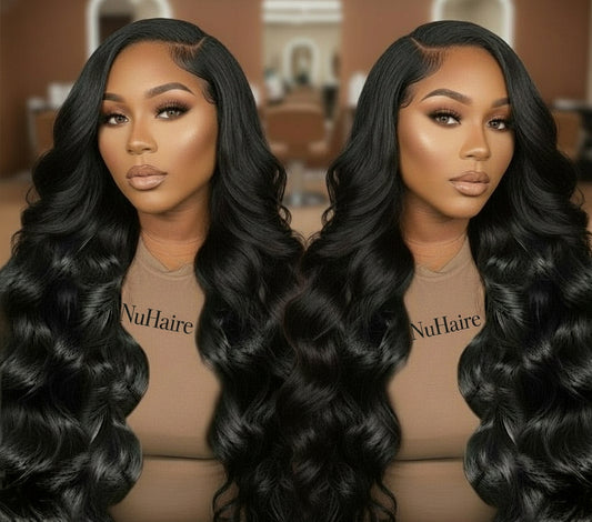 Body wave wig side by side comparison with HD lace detail showing natural hairline