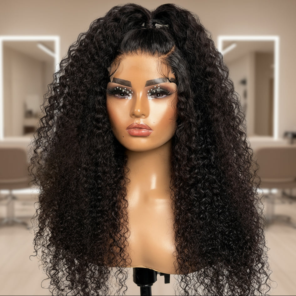 Kinky curly wig styled in ponytail showing versatility and curl definition