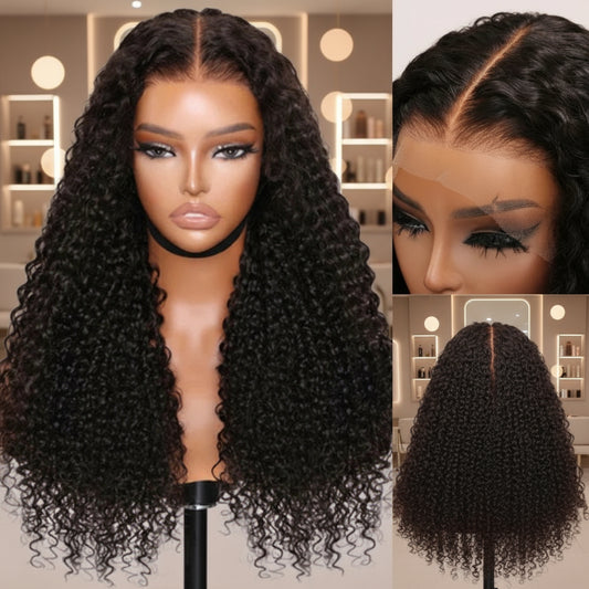 Kinky curly wig display showing front, back views and HD lace construction details
