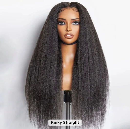 Ready to wear kinky straight wig on mannequin displaying natural black color and texture