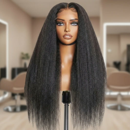 Ready to wear kinky straight wig on mannequin displaying natural black color and texture