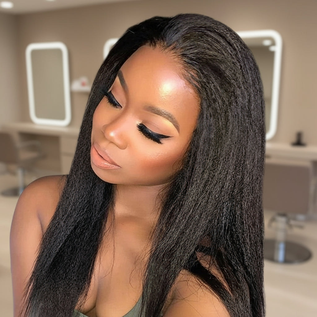 Close-up of 7x5 HD lace front on kinky straight wig showing invisible hairline and natural scalp appearance
