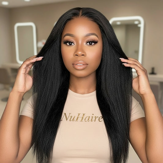 Close-up of 7x5 HD lace front on kinky straight wig showing invisible hairline and natural scalp appearance