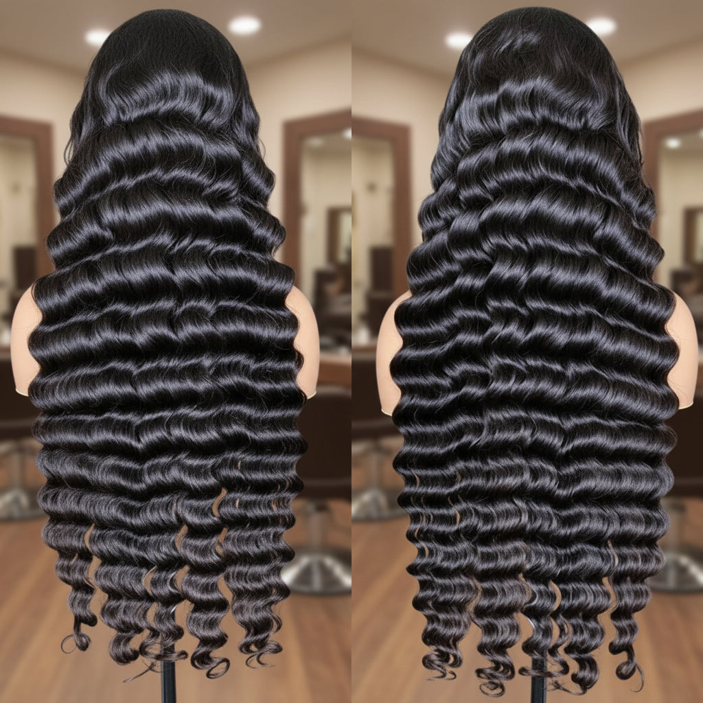 Back view of loose deep wave wig on mannequin showing full hair density and wave pattern