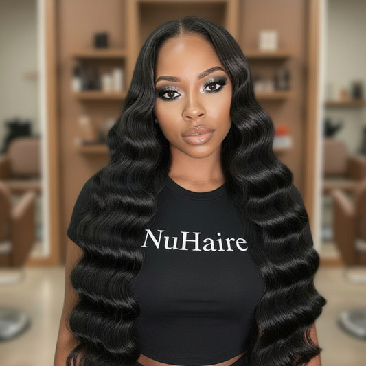 Woman wearing long length loose deep wave glueless wig showing natural flow and texture