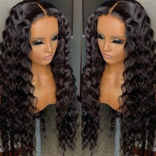 Side by side comparison of loose deep wave wig displaying styling versatility