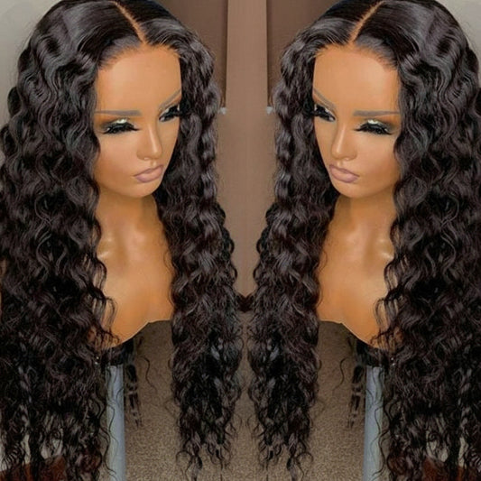Side by side comparison of loose deep wave wig displaying styling versatility