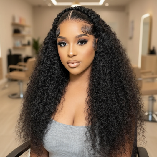 Woman wearing water wave glueless wig showing natural flowing texture and 7x5 HD lace