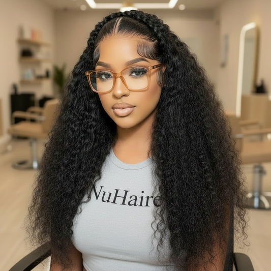 Woman wearing water wave glueless wig showing natural flowing texture and 7x5 HD lace