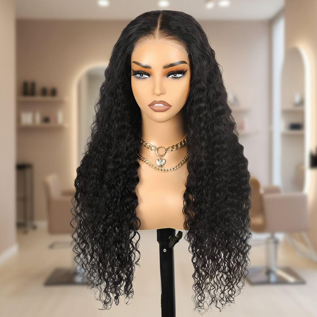 Water wave glueless wig on mannequin showing natural black color, HD Lace, and wave pattern