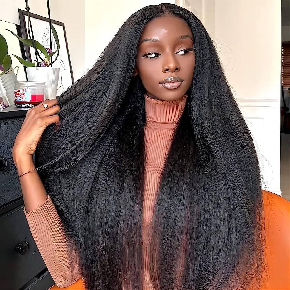 A model showcasing NuHaire's 6x4 Kinky Straight Wig, featuring a natural, seamless HD hairline, beginner-friendly installation, premium human hair quality, and fullness from root to tip.