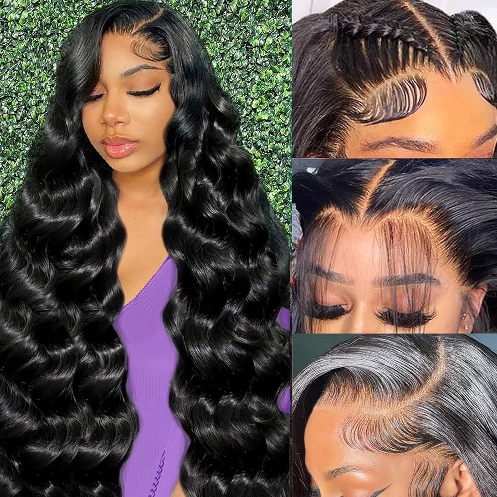 Two-part image of Long 28" 13x4 Transparent lace front human hair wig freshly installed on model and up close images showing premium natural hairline, styling versatility, and realistic scalp