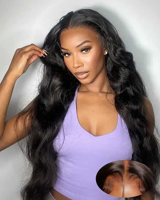 A woman is wearing a beginner-friendly NuHaire body wave wig with 180% density, providing full volume from root to tip, along with a close-up image of a 6x4 HD glueless lace closure.