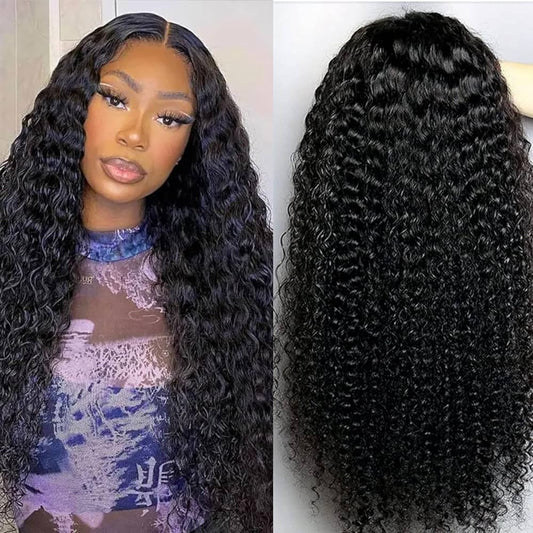 A side-by-side image of a woman wearing NuHaire's beginner-friendly deep wave, natural black, 200% density human hair wig, featuring a 6x4 HD glueless lace closure and an image showcasing the back view of deep cascading waves.