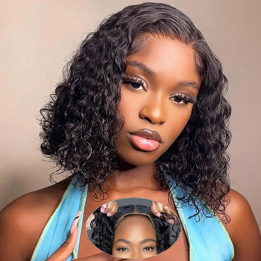 6x4 HD Glueless Water Wave human hair Bob wig displayed on a model showing full 200% density, rich natural black color and water wave texture with a smaller image displaying premium natural HD glueless hairline, and realistic scalp