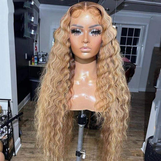 13x4 Honey Blonde Highlight Water Wave Wig on mannequin highlighting natural wave texture and movement