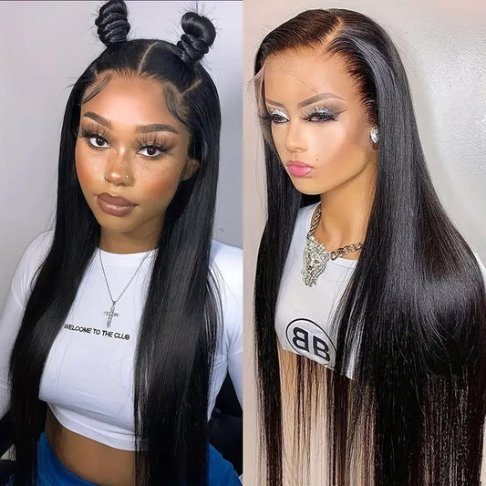 Two-part image of a 13x4 HD transparent lace front human hair wig displayed on a model, showcasing a natural 180% density, rich black color, and styling versatility, along with close-up images of a mannequin head displaying the natural hairline, realistic scalp, and styling versatility.