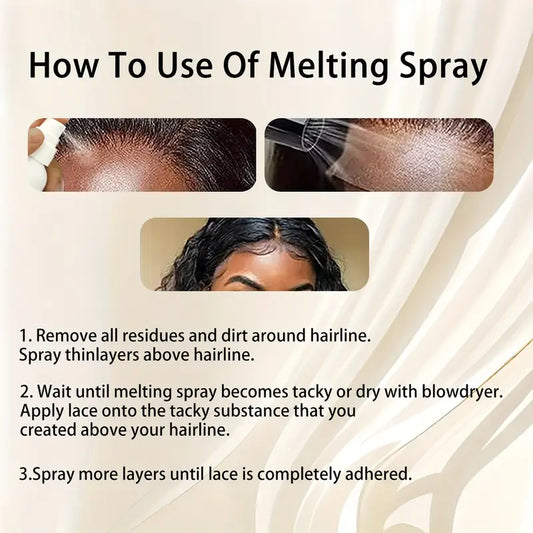 Instructions on how to use melting spray for hair extensions with visual examples.